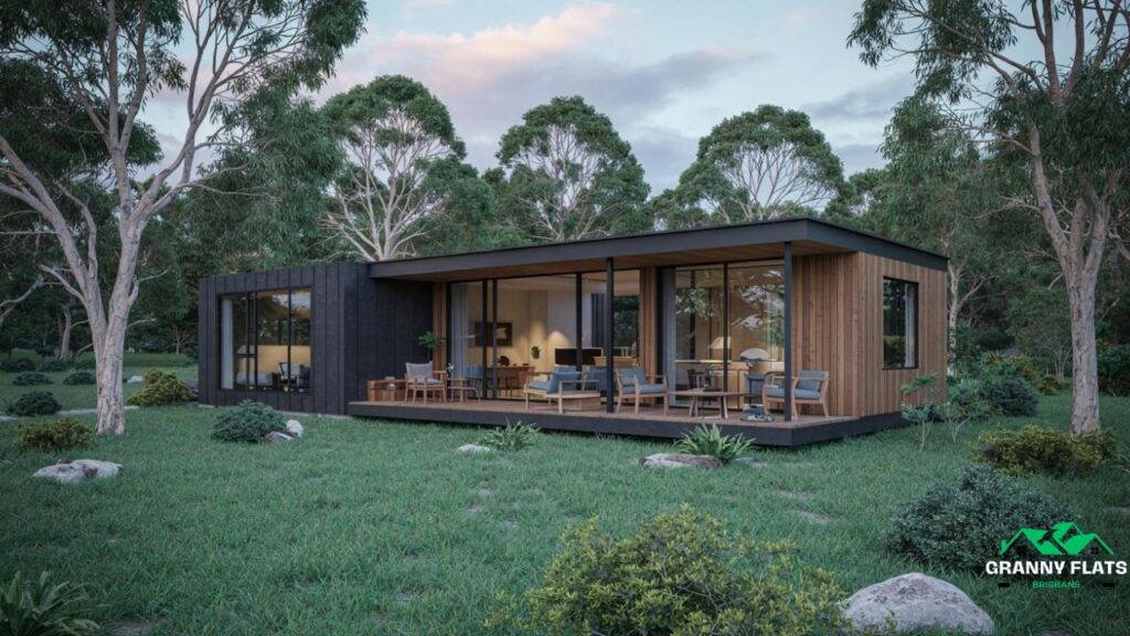Modern timber granny flat with large glass windows and outdoor seating, surrounded by trees and bushland.