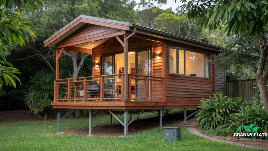 Elevated timber granny flat with front porch, surrounded by tropical garden and trees.