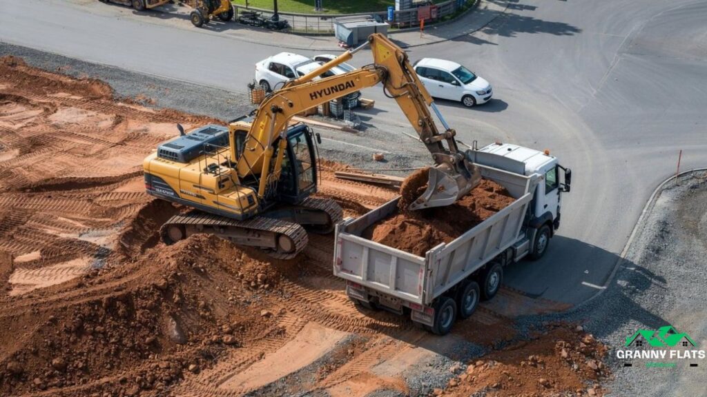 Excavator loading red dirt into a tipper truck at a construction site near a road.
